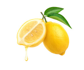 Wall Mural - fresh lemon juice dripping isolated on white background.