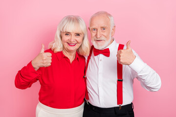 Wall Mural - Photo of married elegant trendy pensioner retired lady man make fine symbol choice isolated pastel color background