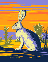 WPA Poster Art Of An American Desert Hare Or Black-tailed Jackrabbit In Joshua Tree National Park In The Mojave Desert, California, United States USA Done In Works Project Administration Style.