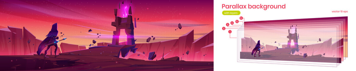 Poster - parallax background fantasy stranger at magic portal on mountain cliff with flying rocks around, 2d 