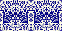 Seamless Easter Pattern Scandinavian Folk Mexican Style Design With Rabbit And Flower.