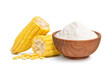 Corn starch in wooden bowl with fresh corn isolated on white background.
