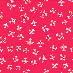 Sticker - Line Plane icon isolated seamless pattern on red background. Flying airplane icon. Airliner sign. Vector