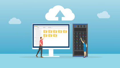 Fototapete - cloud computing concept sync file with server database and people with modern flat style