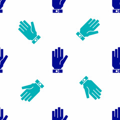 Poster - Blue Firefighter gloves icon isolated seamless pattern on white background. Protect gloves icon. Vector