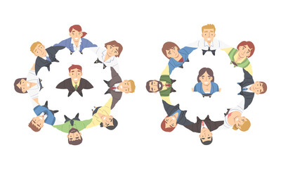 Canvas Print - Smiling Business People Characters Embracing Arranging Circle Looking Up Above View Vector Illustration Set