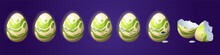 Cartoon Dragon Eggs Animation Whole, Cracked And Broken Shell. Dinosaur And Reptile Ui Game Assets. Magic Fairy Tale Collection With Colorful Hull, Isolated Gui Sprite Graphic, Vector Illustration