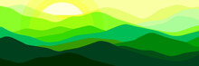 Multicolor Sunset In Mountains. Panorama, Translucent Waves, Abstract Green Glass Shapes, Modern Background, Vector Design Illustration For You Project