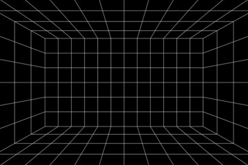 Wall Mural - 3d white grid of black room with one point perspective. empty geometric cyberspace studio background