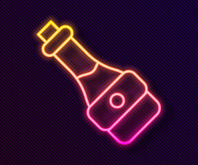 Sticker - Glowing neon line Soy sauce bottle icon isolated on black background. Vector