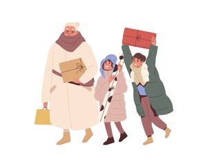 Poster - Happy granny and kids go with Christmas gifts in hands after winter shopping. Grandmother and children walk and hold present boxes for holidays. Flat vector illustration isolated on white background