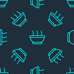 Sticker - Green line Bowl of hot soup icon isolated seamless pattern on blue background. Vector