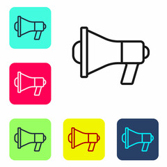 Poster - Black line Megaphone icon isolated on white background. Speaker sign. Set icons in color square buttons. Vector