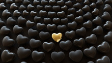 Valentine's Day Wallpaper. Spiral Design With Black And Gold 3d Hearts. 3D Render.