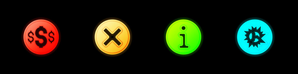 Sticker - Set Dollar symbol, X Mark, Cross in circle, Information and Bomb explosion icon. Vector