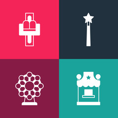 Poster - Set pop art Ticket box office, Ferris wheel, Magic wand and Attraction carousel icon. Vector