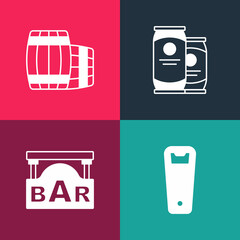 Poster - Set pop art Bottle opener, Street signboard with Bar, Beer can and Wooden barrel icon. Vector