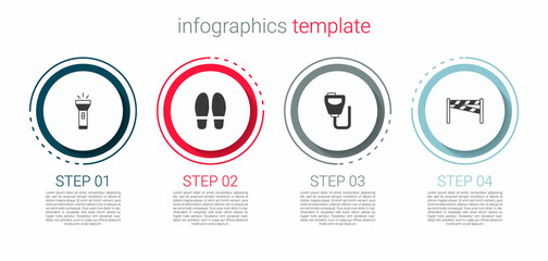 Sticker - Set Flashlight, Footsteps, Walkie talkie and Crime scene. Business infographic template. Vector