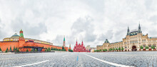 A Wide Panorama Of Red Square In Moscow, Russia. The Kremlin, Lenin Mausoleum, The State Historical Museum And The GUM