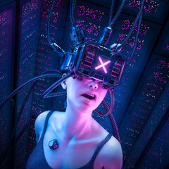 Wall Mural - Cyberpunk hacker girl - 3D illustration of science fiction shocked female character wearing futuristic virtual reality glasses inside server farm