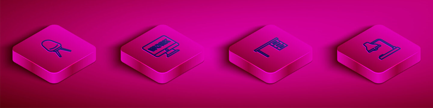 Set Isometric line Office chair, Monitor with text work, desk and Table lamp icon. Vector