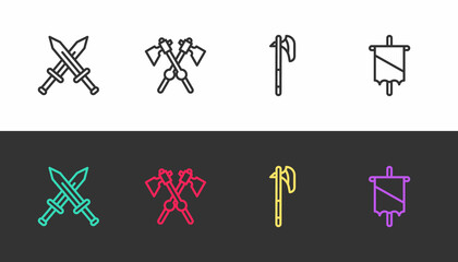 Sticker - Set line Crossed medieval sword, axes, Medieval and flag on black and white. Vector