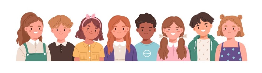 Poster - Kids group portrait. Diverse elementary school children. Cute happy boys and girls of different race. Smiling little students. Primary schoolkids. Flat vector illustration isolated on white background