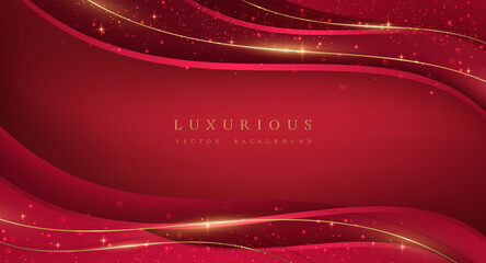 Poster - Abstract red background with golden wave lines and shining dots.