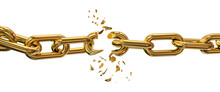 Gold Golden Chain Breaking Horizontal Isolated In White Background - 3d Rendering
