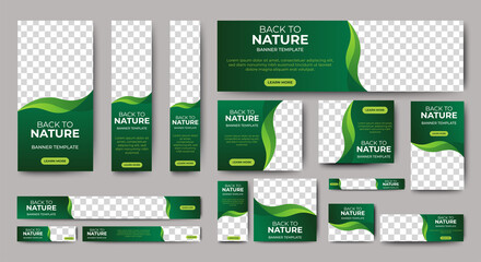 Poster - nature banner design web template set, horizontal header web banner. modern gradient green cover hea