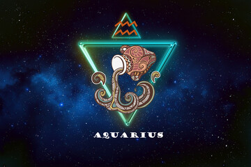 aquarius horoscope sign in twelve zodiac with galaxy stars.