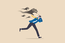 Fear Or Struggle From Business Failure, Anxiety, Depression Or Panic Attack, Afraid Or Negative Feeling, Mental Disorder Concept, Frightened Businessman Running Away From Creepy Monster Hand Chasing.
