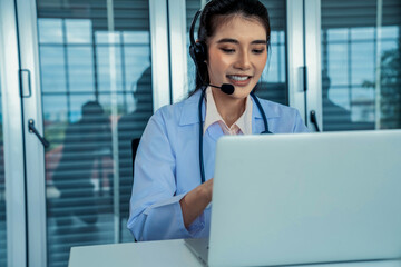 Poster - doctor wearing headset talking actively on video call in hospital or clinic . concept of telehealth 