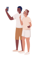 Poster - Young man and woman posing for picture semi flat color vector characters. Posing figures. Full body people on white. Simple cartoon style illustration for web graphic design and animation
