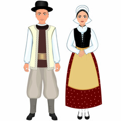 Wall Mural - Woman and man in folk national french costumes. Vector illustration