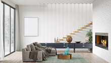 Mock Up Poster Frame In Modern Interior Background, Living Room, Scandinavian Style, 3D Rendering