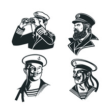 Set Of Illustrations Of Captains And Sailors.