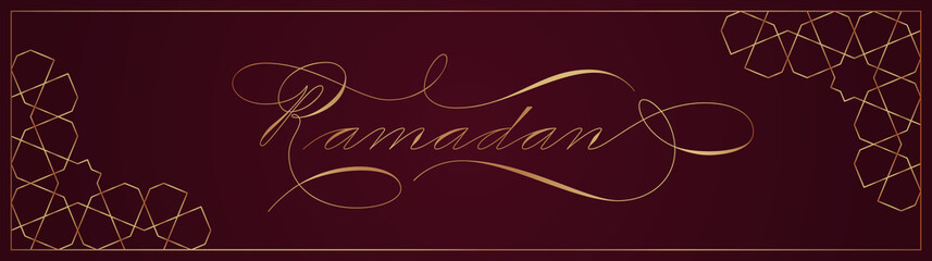 Wall Mural - Ramadan Greetings card with modern gold calligraphy Ramadan on red background. Vector illustration.