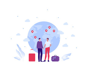 Family travel and tourism concept. Vector flat people illustration. Gay couple with baggage standing on planet earth map with pin symbol. Design for international adventure.