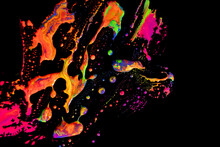 Abstract Vibrant Multi-color Wet Paint Drops And Splotch On Black Background. Bright Orange And Pink Neon Colors. Street Art Isolated
