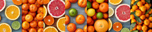 Collage With Citrus Fruits Like Lemons, Oranges, Grapefruits, Lime And Tangerines