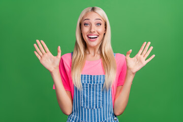 Sticker - photo of crazy excited cute charming lady sale wow reaction raise hands wear striped overall isolate