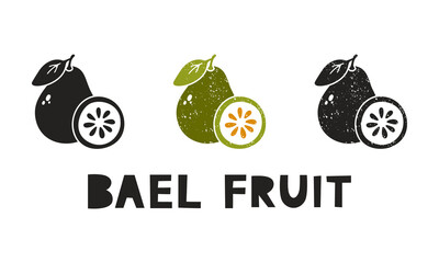 Fototapete - Bael fruit, silhouette icons set with lettering. Imitation of stamp, print with scuffs. Simple black shape and color vector illustration. Hand drawn isolated elements on white background