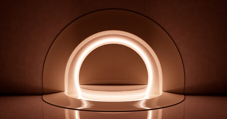 Poster - 3d rendering. abstract composition of geometric shapes in a bright room with neon lighting. a podium