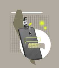 Contemporary art collage. Businesswoman sitting on phone and working with laptop symbolzing teleworking