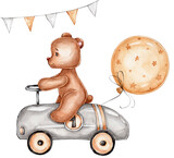 Fototapeta Dziecięca - Teddy bear in car and balloon; watercolor hand drawn illustration; with white isolated background