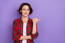 Photo Of Cute Young Bob Hairdo Lady Indicate Promo Wear Plaid Shirt Isolated On Purple Color Background