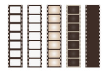 Set Old Retro Brown Film Strip Frame Isolated On White Background. Antique Films Slide Template In Realistic Style. Vector Illustration Video And Photo Tape.