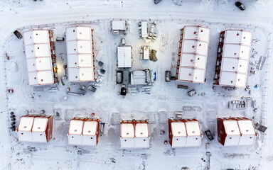 Wall Mural - Aerial view of residential houses at winter. Scandinavian neighborhood, suburb.