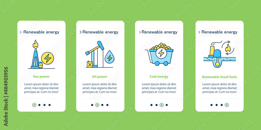 Energy onboarding mobile app screens. Gas power, oil, coal energies ...